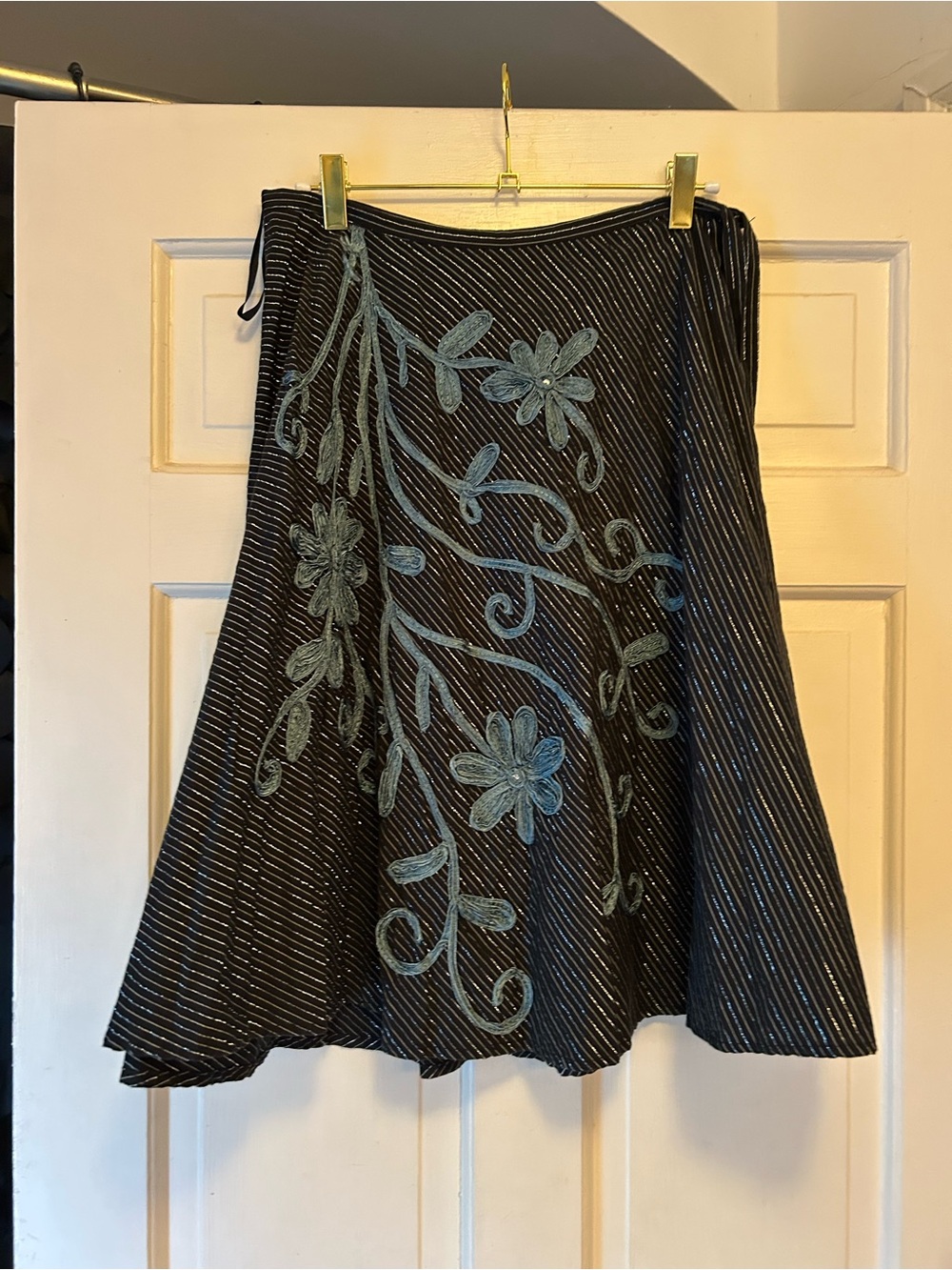 Black A-Line Skirt with Teal Floral Embroidery